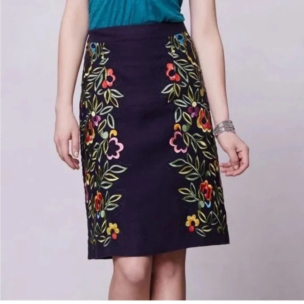 Anthropology, Floral Embroidered Black Skirt